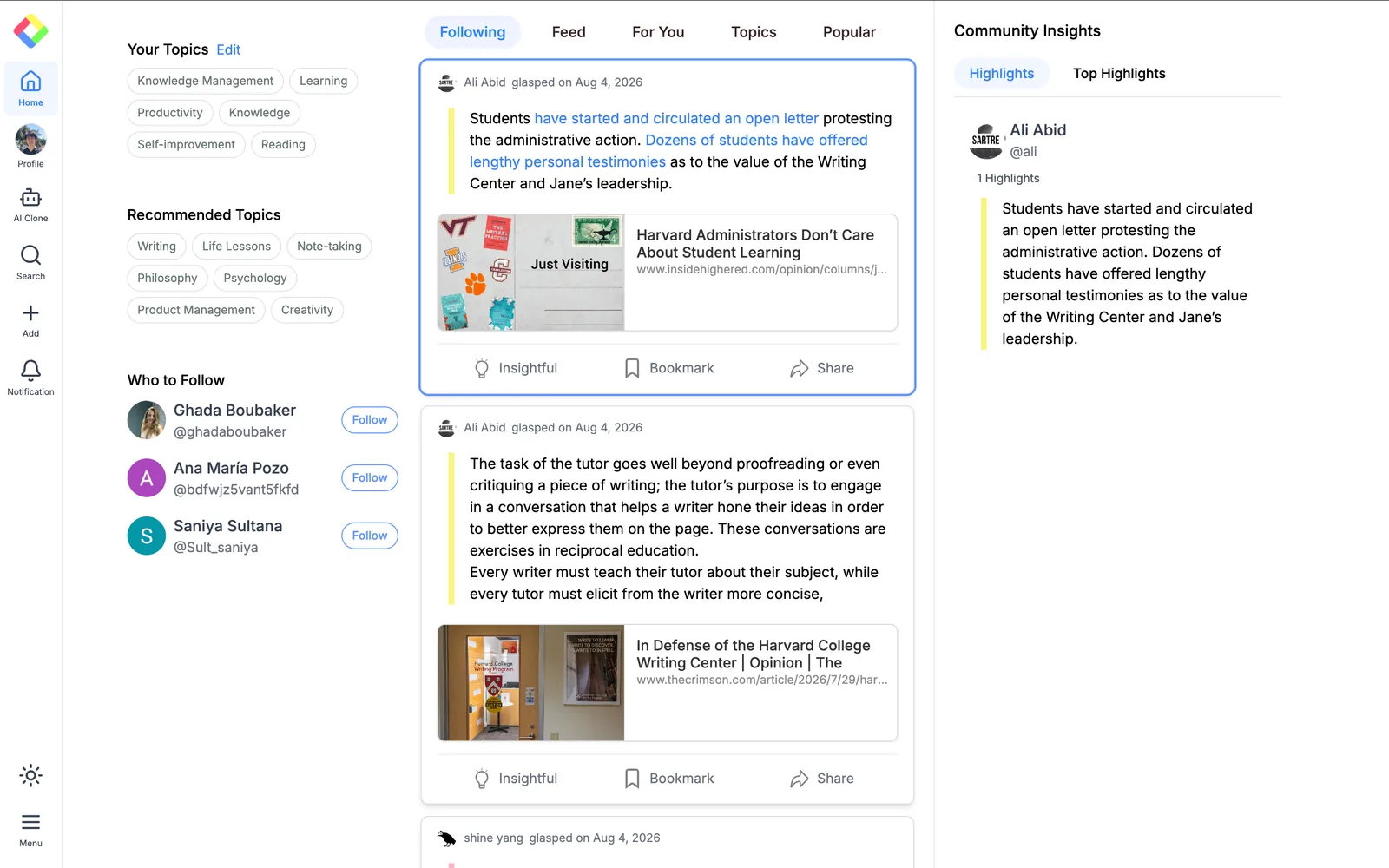 Glasp Home with Profile in the left sidebar