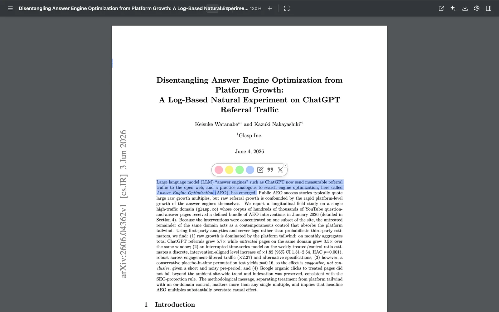 Selecting text in a PDF brings up the Glasp palette