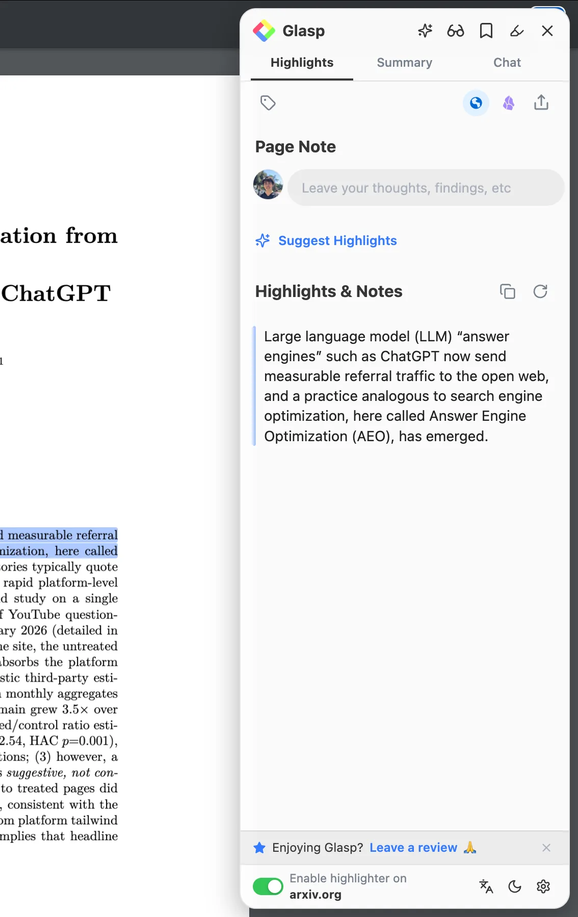 Highlights and notes in the sidebar next to the PDF