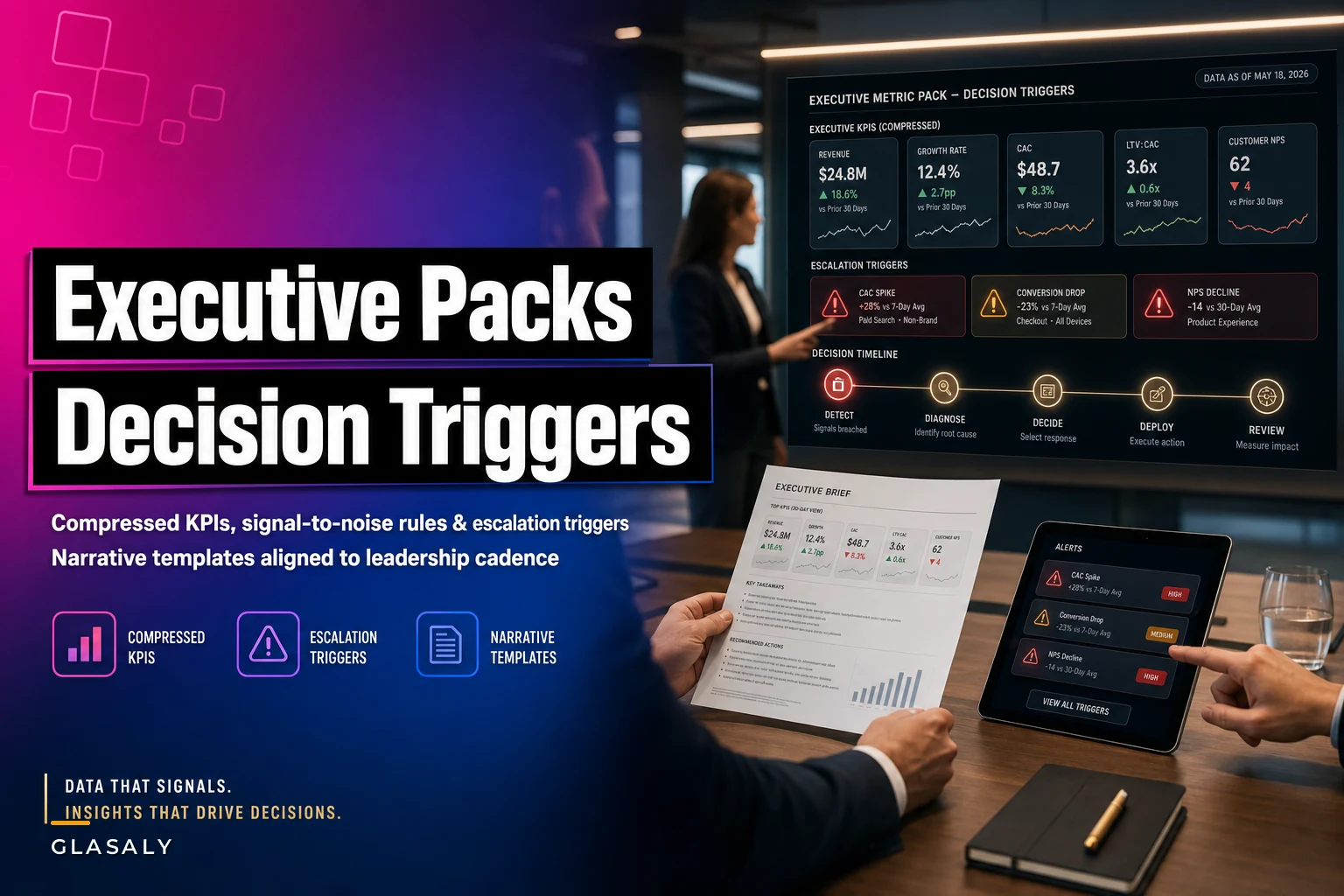Executive metric packs that trigger decisions: compressed KPIs, escalation triggers and narrative templates