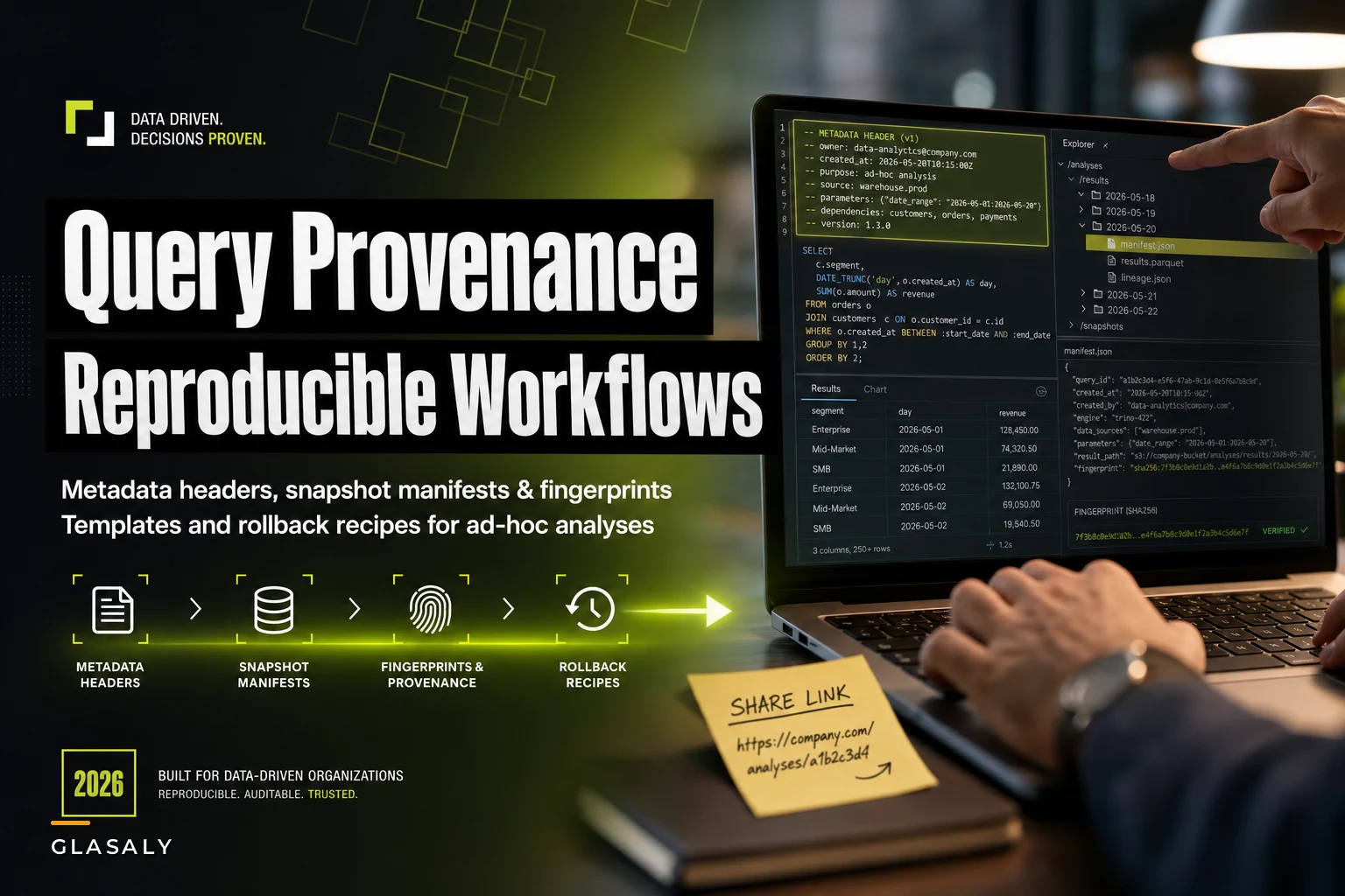 Reproducible ad-hoc analyses: query provenance patterns, metadata templates and rollback recipes