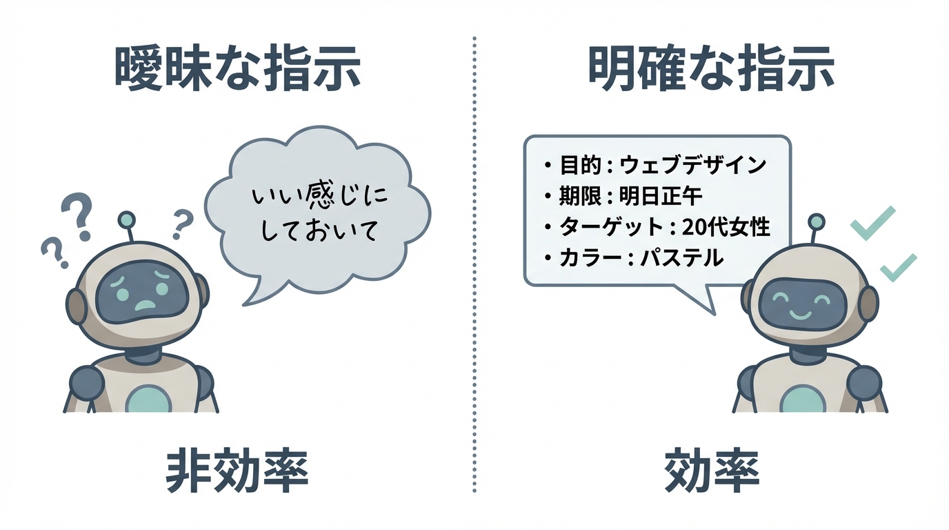 AI活用で成果を出す鍵：曖昧な指示で動けないAIと、明確な言語化でスムーズに稼働するAIロボットのイラスト