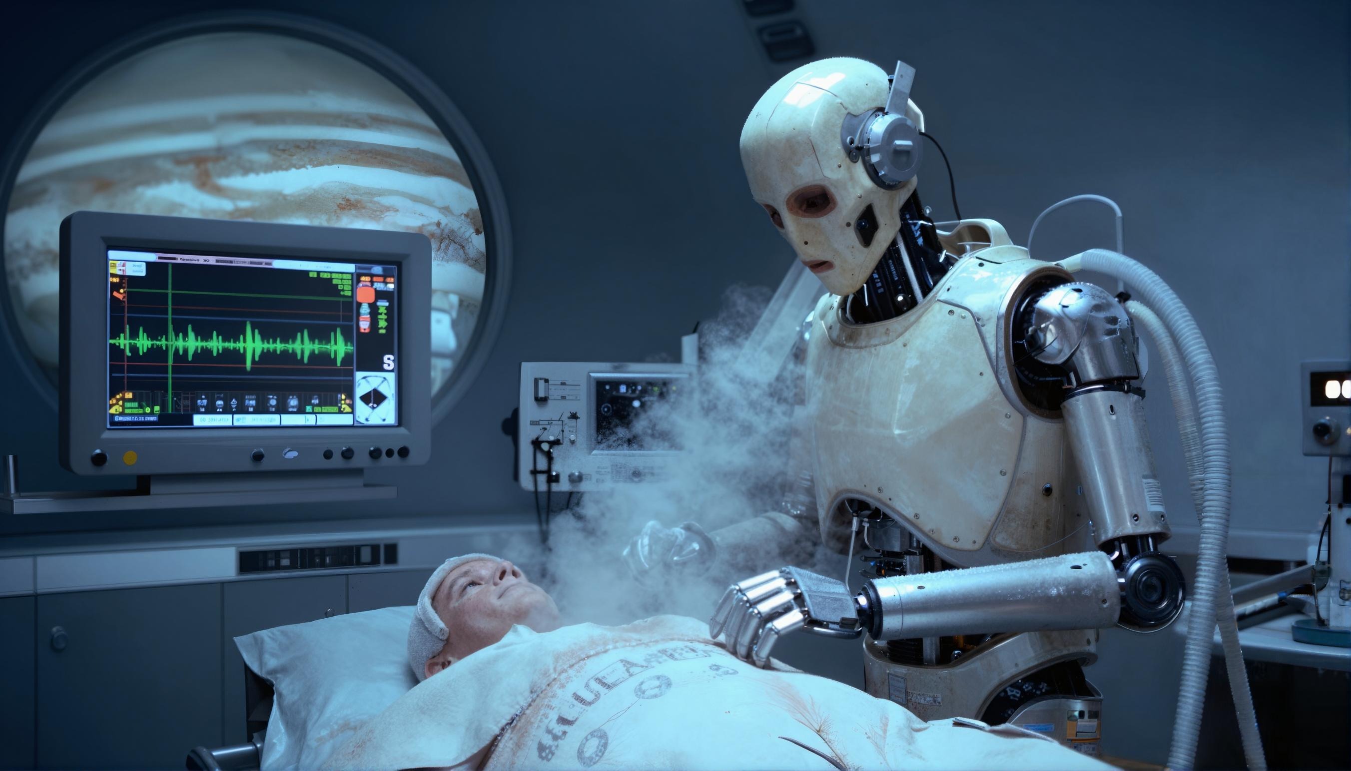 Sci-fi cinematic scene with robot doctor caring for a patient — AI image generation