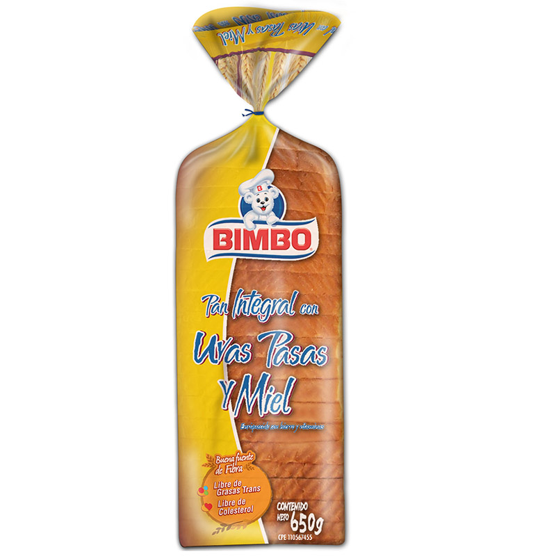 PAN DE SANDWICH BIMBO INTEGRAL UVAS PASAS Y MIEL 650GR