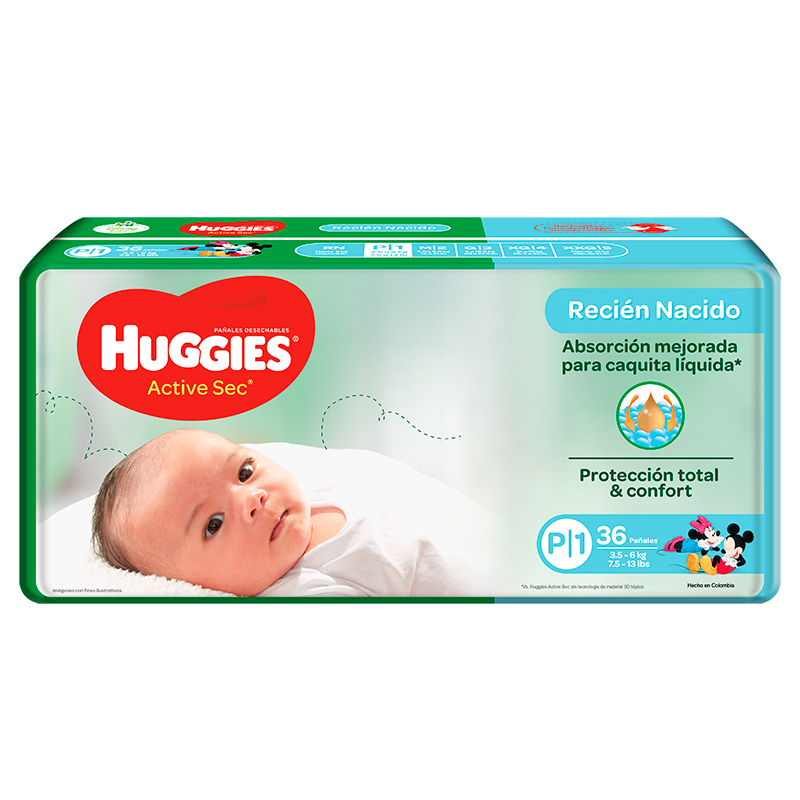 PAÑALES HUGGIES BEBÉ TALLA P 36 UND