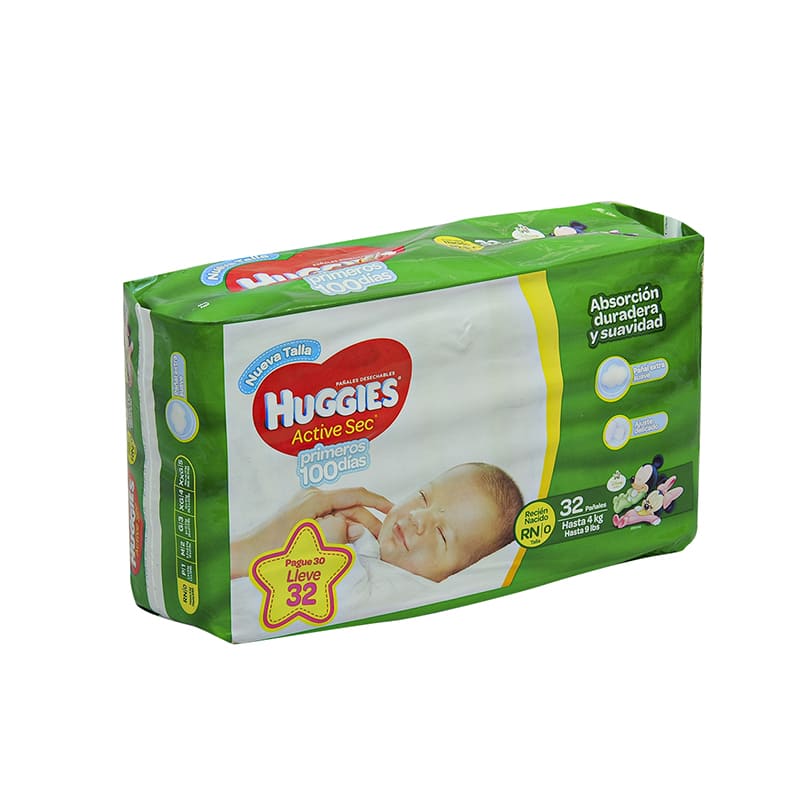 PAÑAL BEBE HUGGIES ACTIVE T/RN 32UND