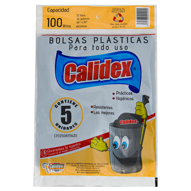 BOLSA MULTIUSO PREMIUN CALIDEX. 5 UNIDADES. CAPACIDAD DE 100 LITROS
