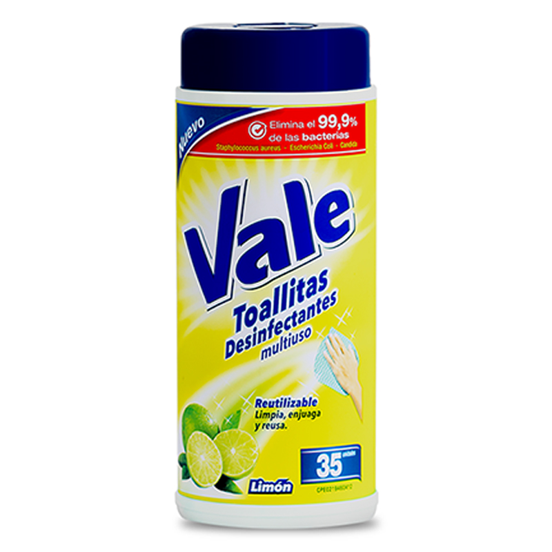 TOALLITAS DESINFECTANTES MULTIUSO LIMON VALE. 35 UNIDADES.