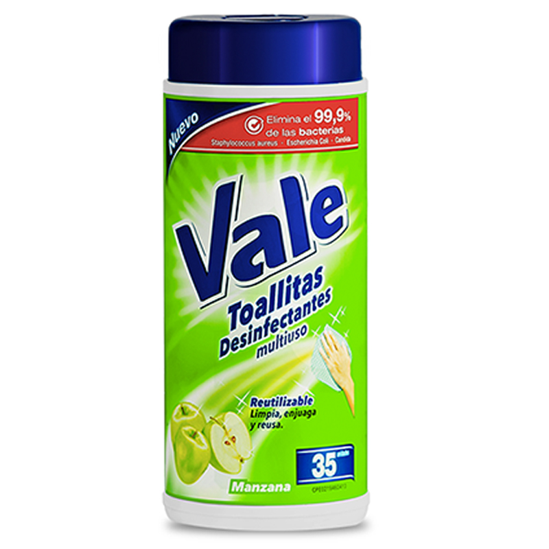 TOALLITAS DESINFECTANTES MULTIUSO MANZANA VALE. 35 UNIDADES.