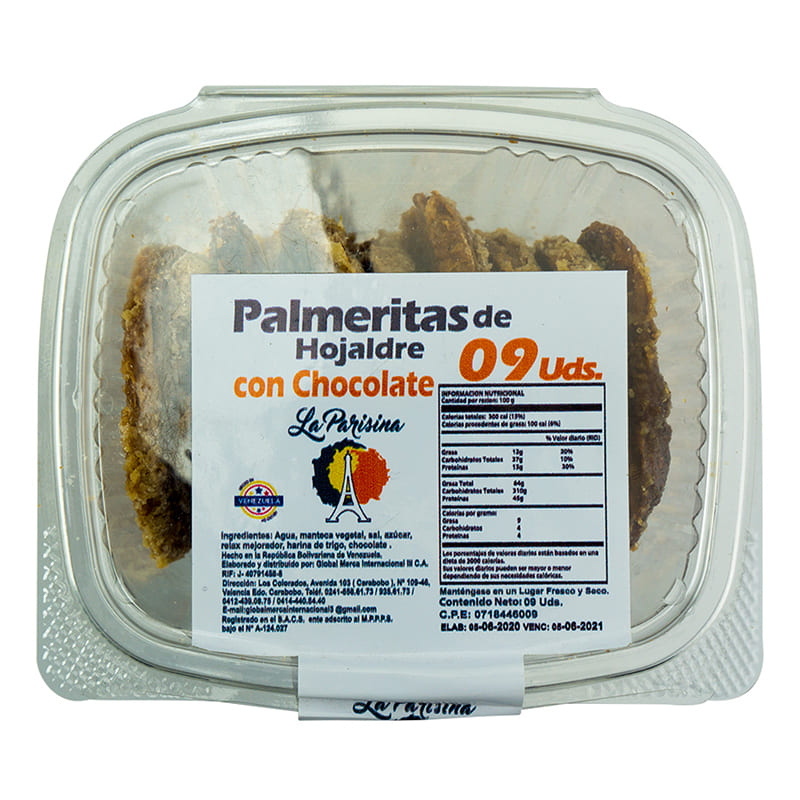 PALMERITAS DE HOJALDRE CON CHOCOLATE LA PARISINA 9 UNDS