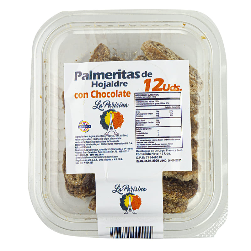 PALMERITAS CON CHOCOLATE PARISINA 12 UNIDADES