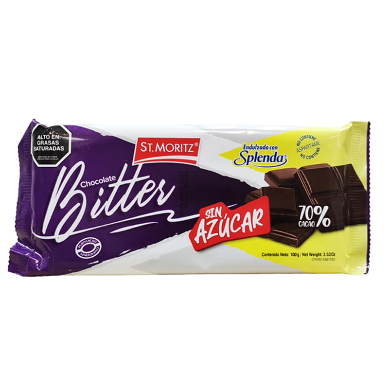 CHOCOLATE BITTER SIN AZUCAR CON SPLENDA ST. MORITZ 100G