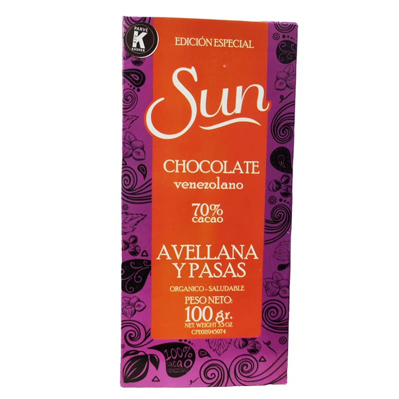 CHOCOLATE DE AVELLANA Y PASAS SUN 100 GR