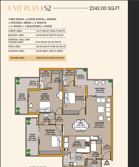 3 BHK + 4 Toilets 