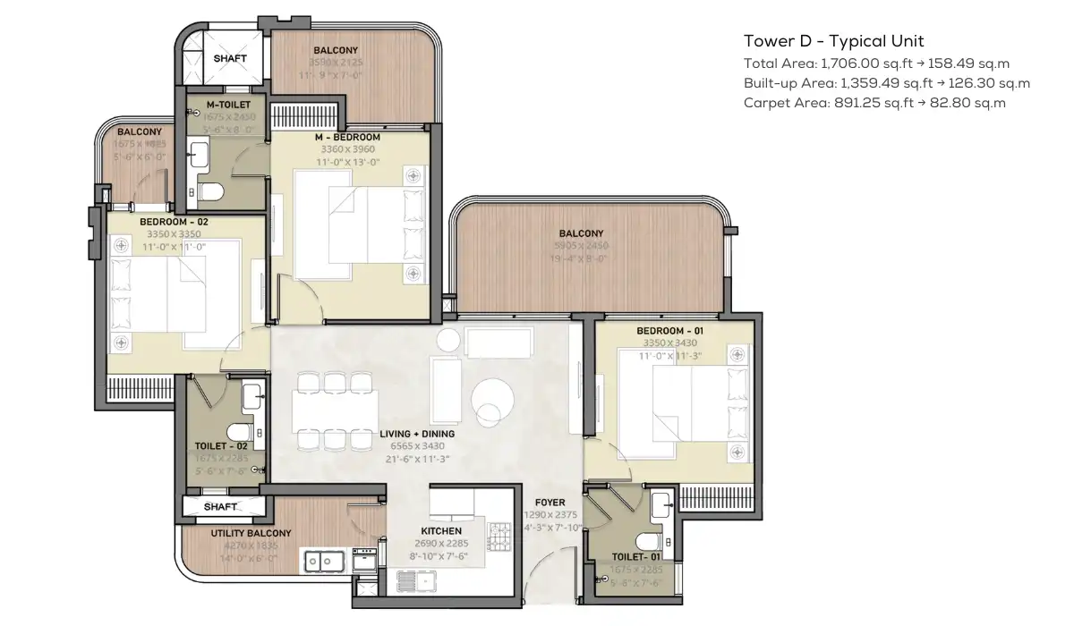 3 BHK+3T+4 Balcony