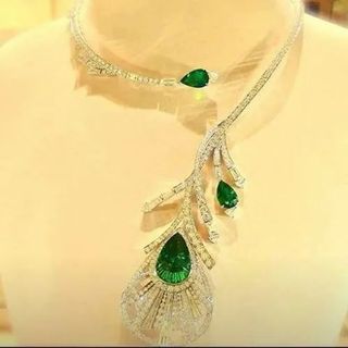 Emerald Gemstone Diamond Peacock Feather Necklace