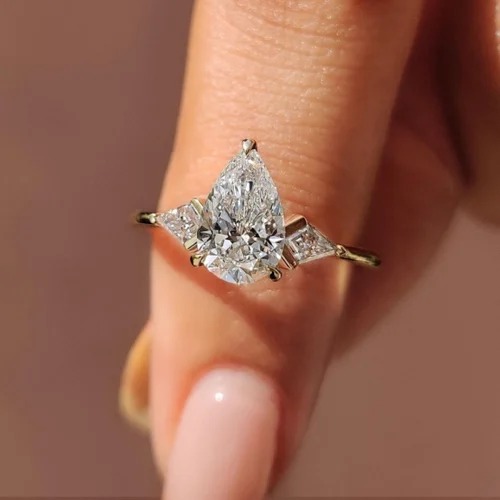 Pear Shape Lab Grown Diamond Three Stone Ring, 1.50 Ct Center, White Gold