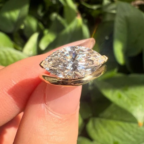 Marquise Shape Lab Grown Diamond Ring, 2 Ct Center, Yellow Gold