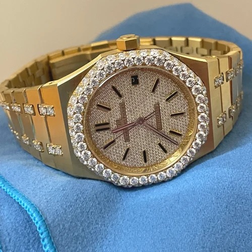 Moissanite Studded Iced Out Watch, EF/VVS Diamond, Date Wrist, Swiss Movement