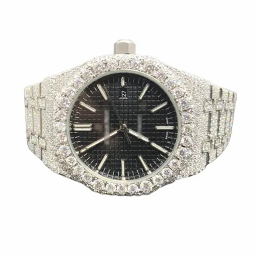 Moissanite Studded Iced Out Watch, EF/VVS Diamond, Date Wrist, Swiss Movement