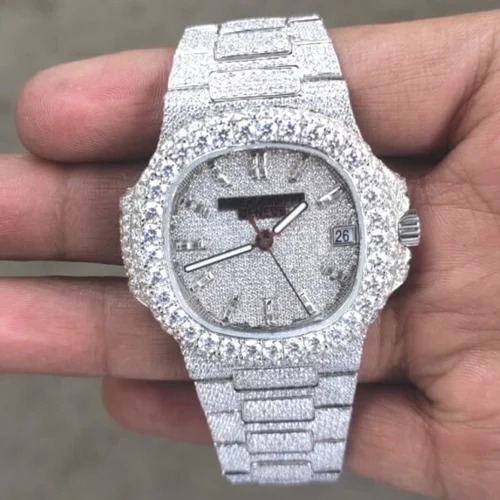 Moissanite Studded Iced Out Watch, EF/VVS Diamond, Wrist Watch