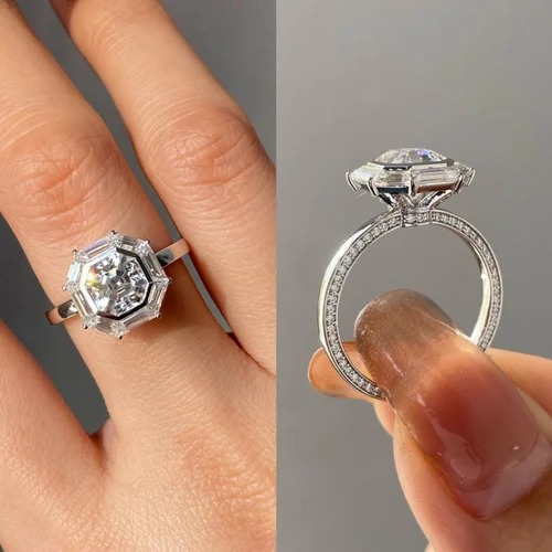1.20 cts cut asscher Full White Moissanite Halo Ring With Accents For Engagement Wedding
