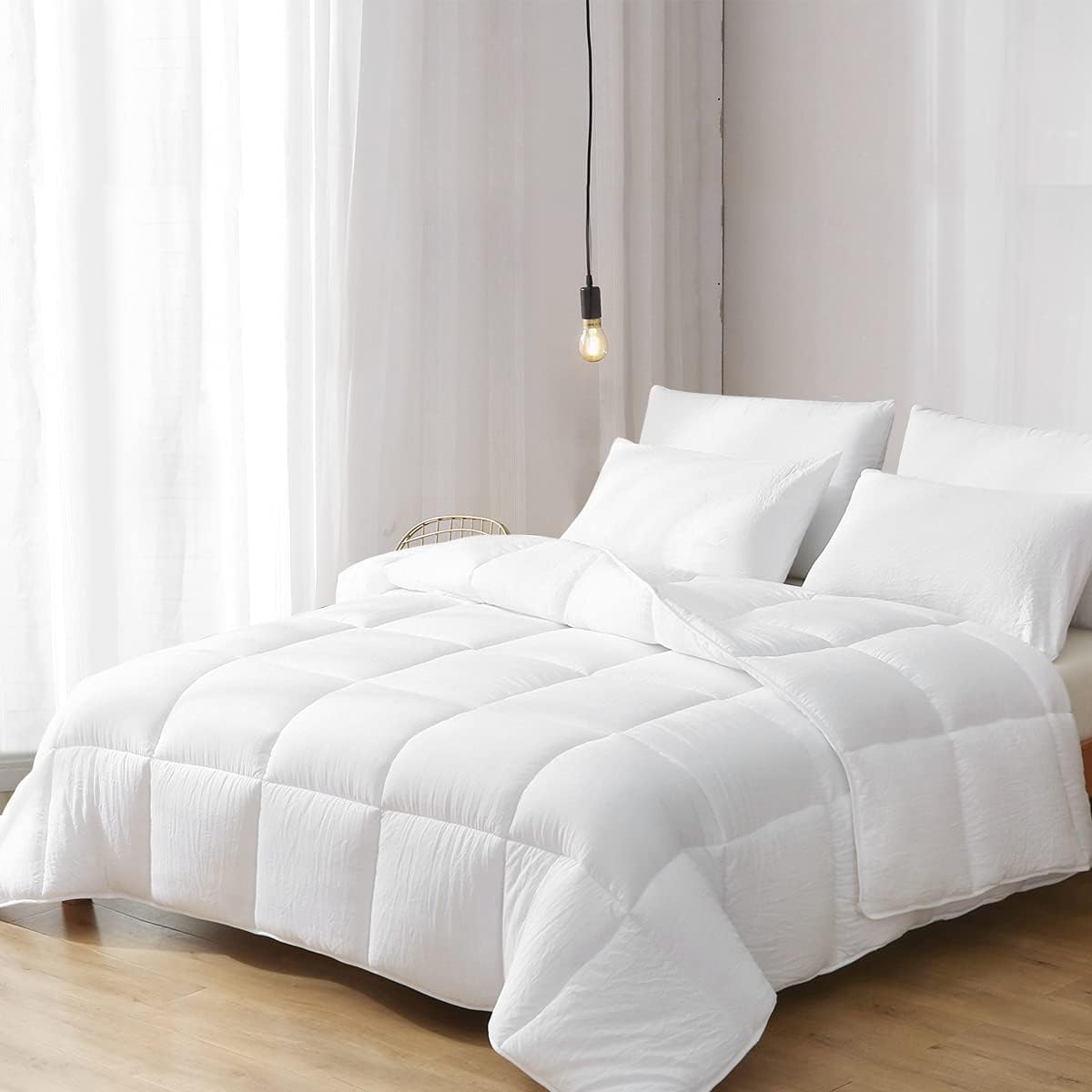 طقم لحاف بديل للريش بتقنية DWR، مقاس كينج، فائق النعومة، ثلاثي الأبعاد، مصنوع من مزيج ألياف دقيقة بنقشة الأوكالبتوس، مع غطاء وسادة، مناسب لجميع الفصول، لون أبيض