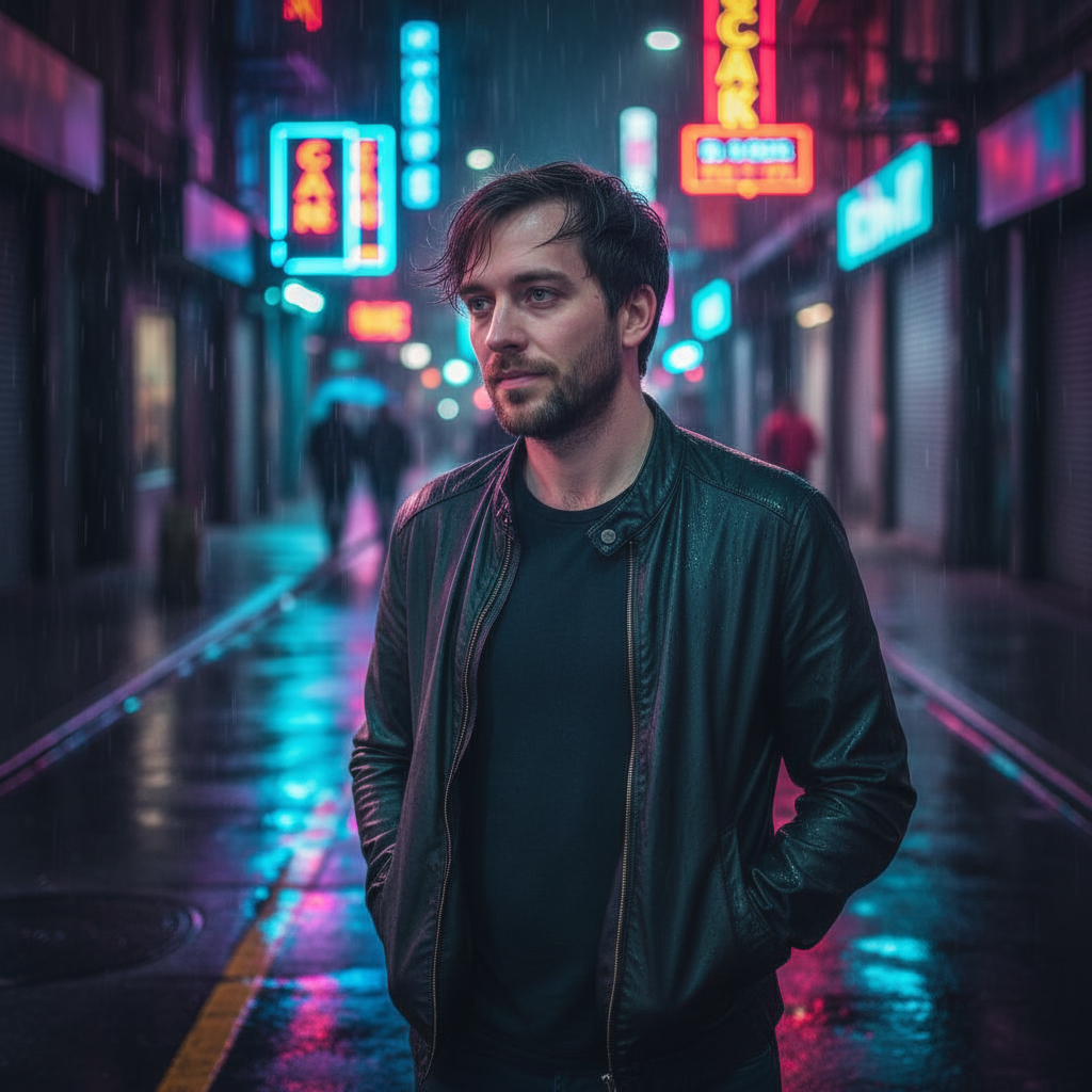 The Neon Nightwalker - AI generated dating profile photo