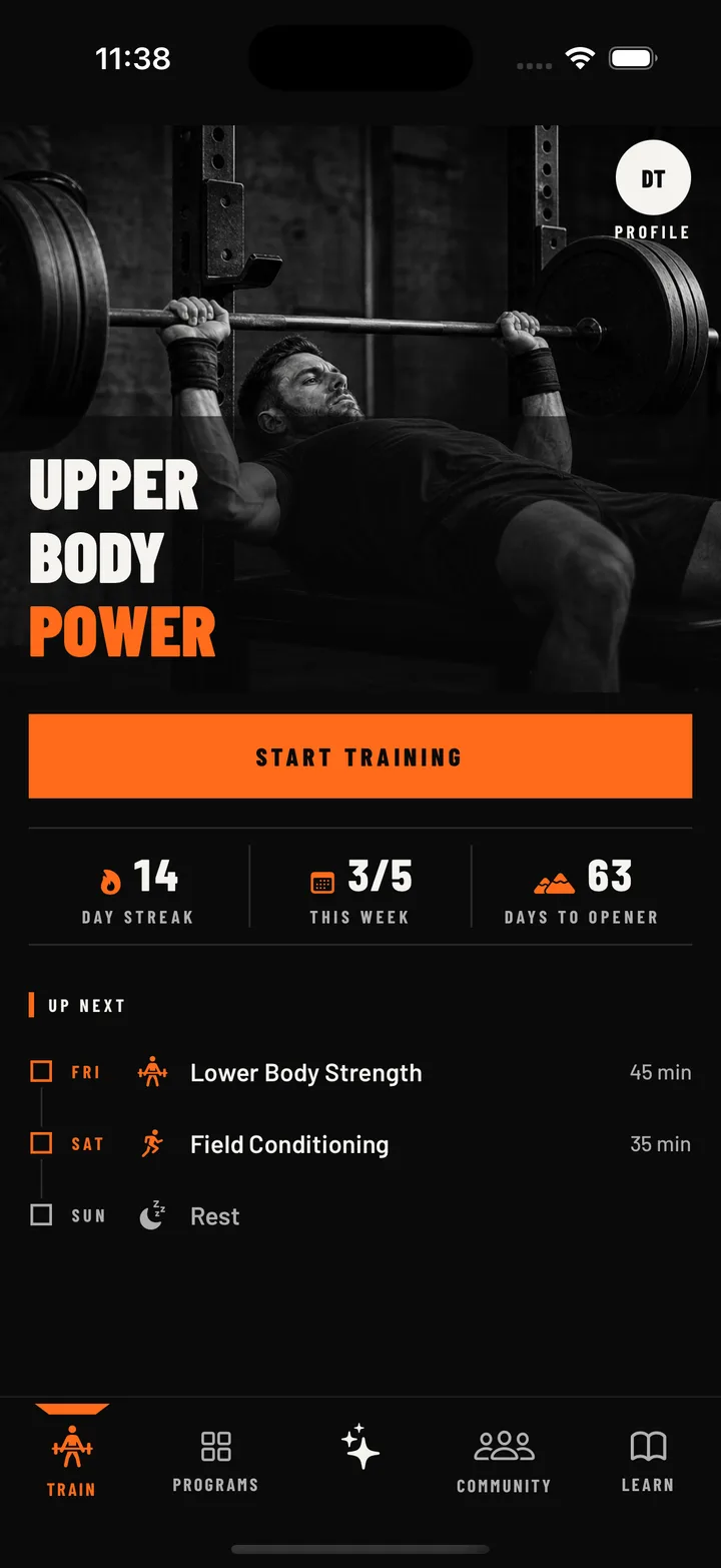 WorkBuilt app Train screen showing today's session, weekly schedule, and a countdown of 63 days to opener