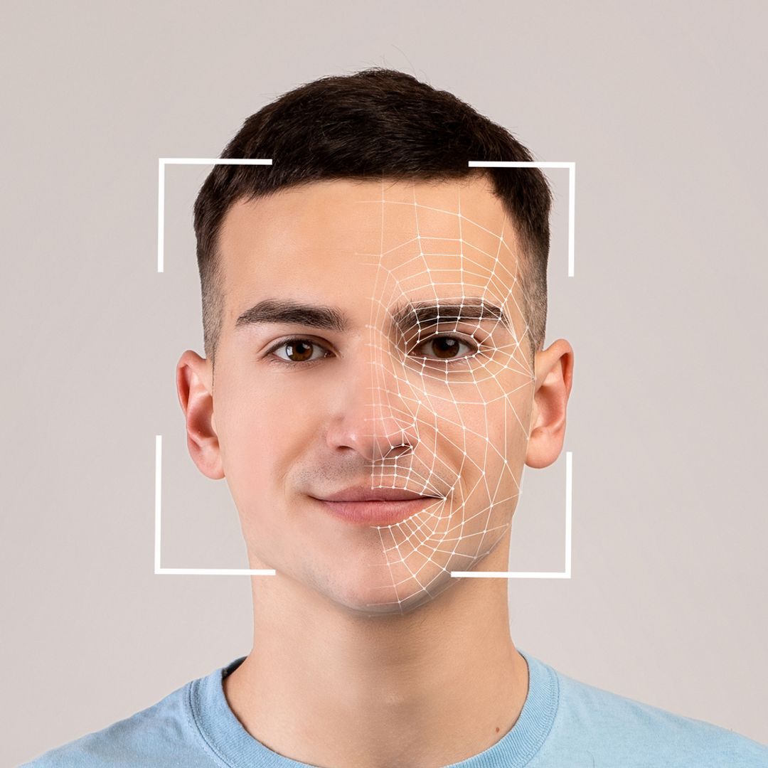 A smiling man with double exposure scan isolated on a light background.