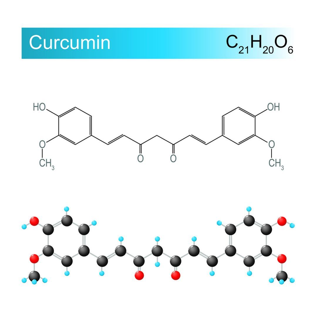 Curcumin molecular formula and model produced by turmeric plant.