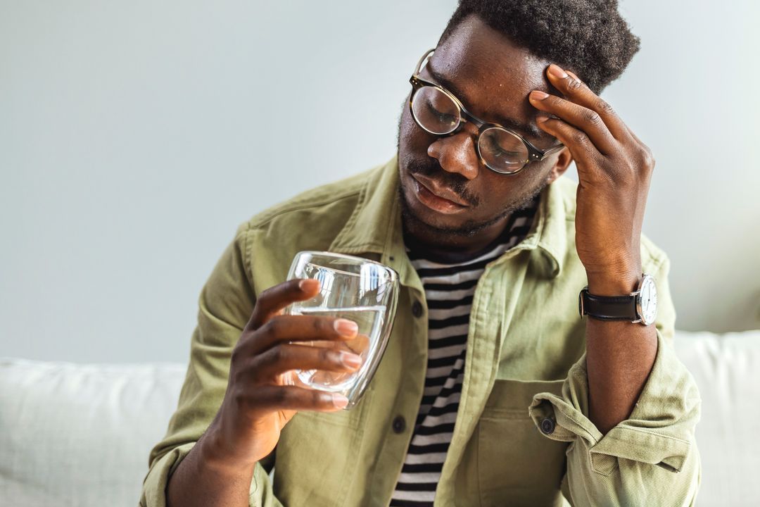 Man wearing glasses, sitting down holding a glass of water while not feeling well. 