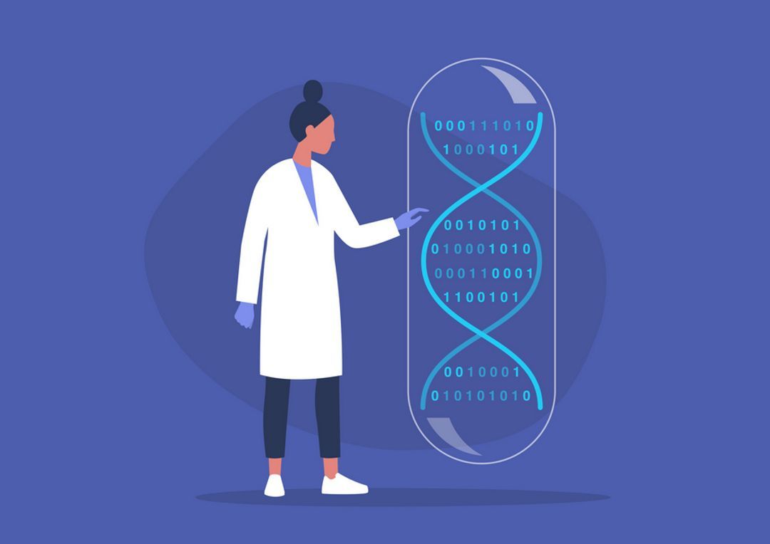 Illustration of scientist standing next to DNA code.
