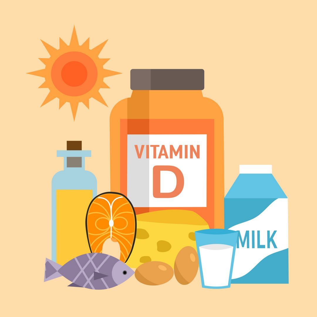 : Illustration of vitamin D sources including sun, fish, eggs, and milk.