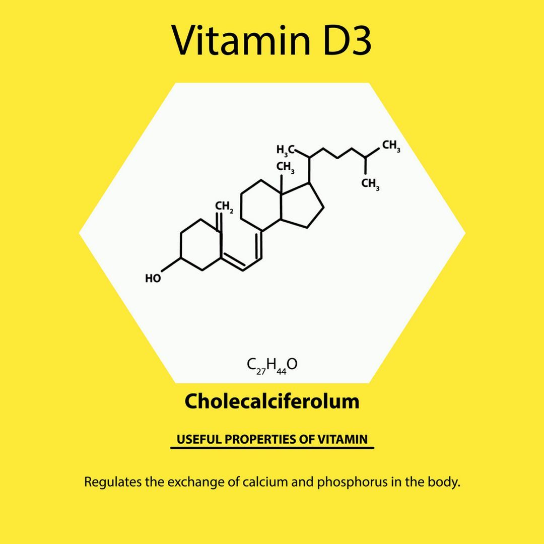 Vitamin D3 molecular chemical formula infographic on a yellow background
