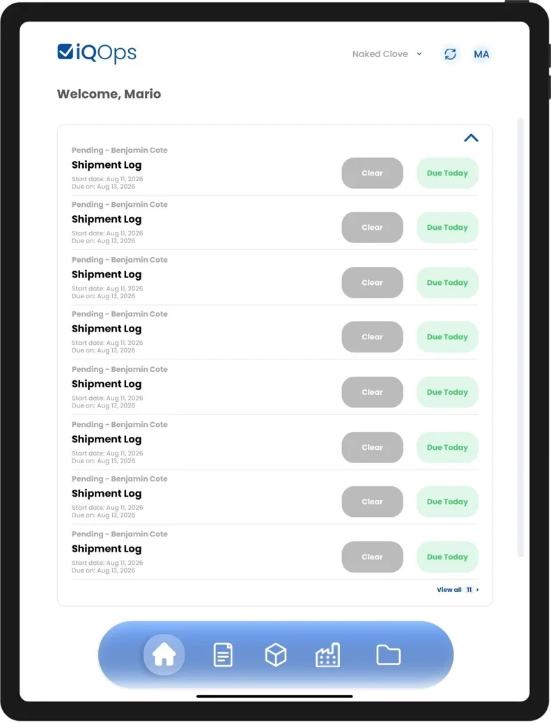 iQOps tablet dashboard showing shipment tasks and navigation for daily operations