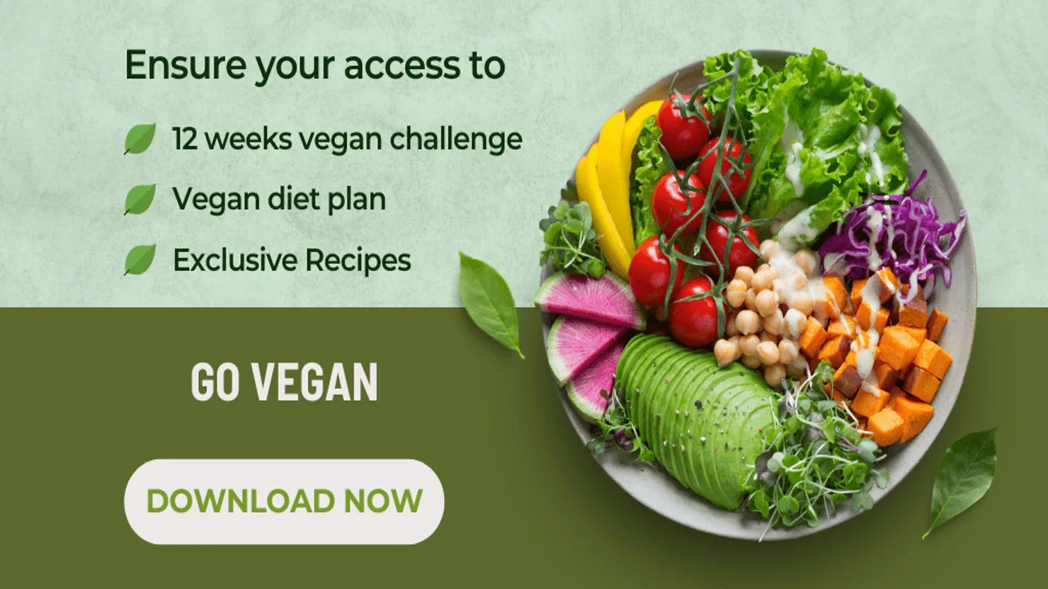 App premium image: ensure your access to 12 weeks vegan challenge, vegan diet plan, exclusive recipes. Download now the Go Vegan App