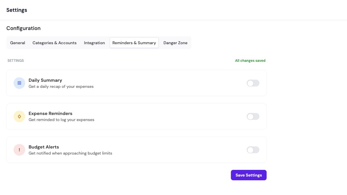 Expense Tracker controls for daily summaries, expense reminders, and budget alerts