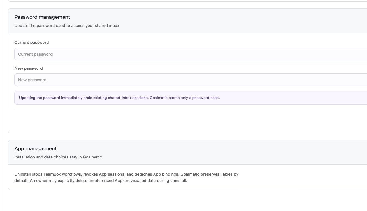 TeamBox security settings and App lifecycle information