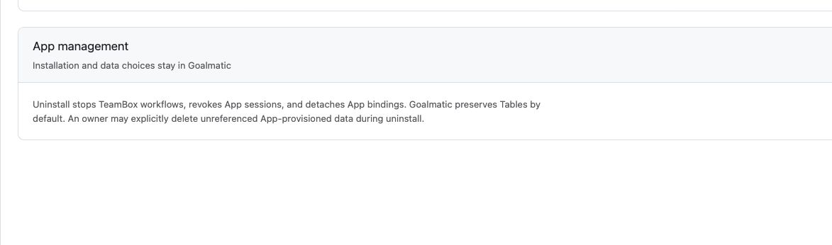TeamBox App management panel describing uninstall and data preservation behavior