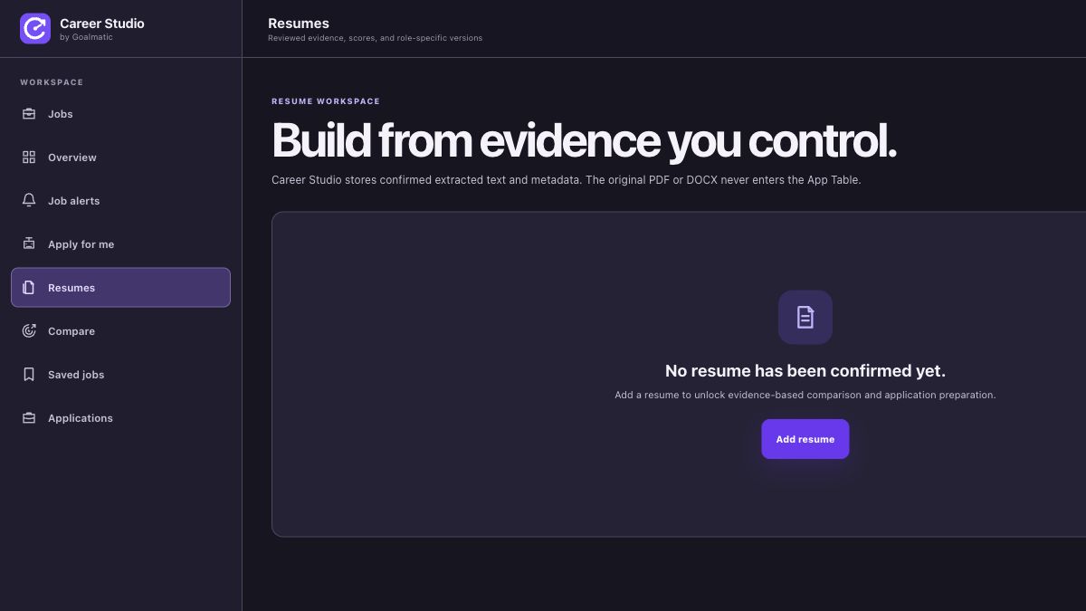 Career Studio resume workspace with a privacy-focused empty state