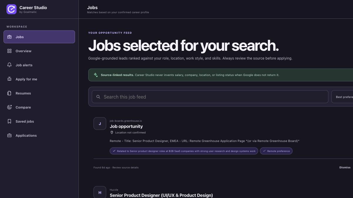 Career Studio job feed showing source-linked role matches and comparison controls