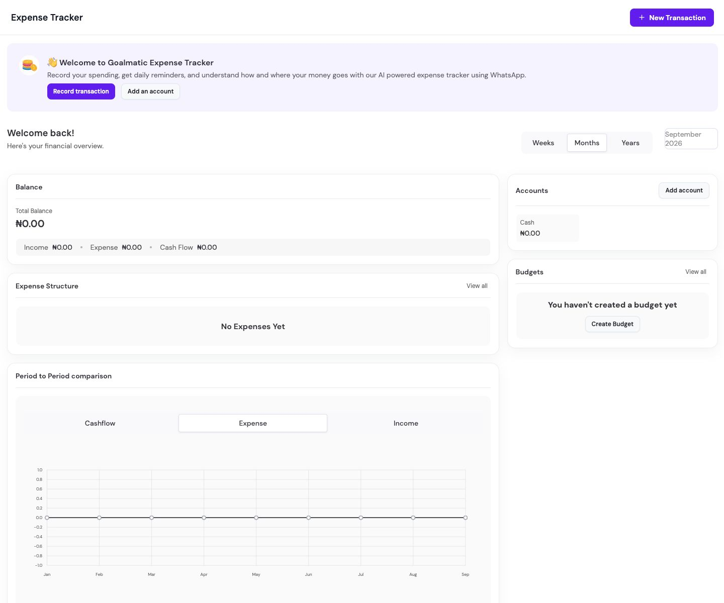 Expense Tracker dashboard with an empty Cash account, spending overview and budget controls.