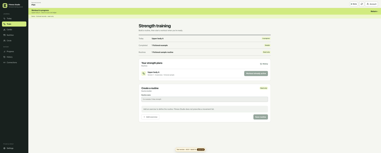 Fitness Studio strength planner with a fictional example routine and the routine builder