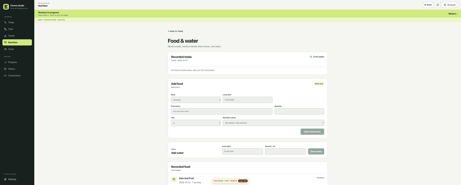 Fitness Studio manual food and water journal screen with fictional demo records