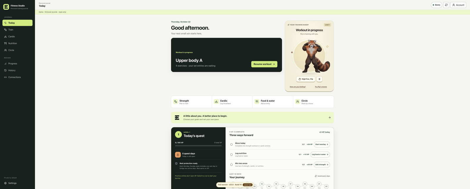 Fitness Studio Today dashboard with training goals and journal progress, shown with fictional demo records