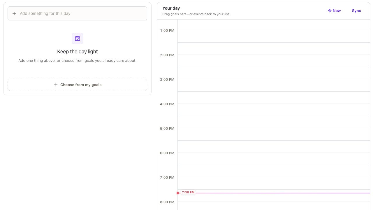 Goals daily planner with an empty goal list and hourly calendar