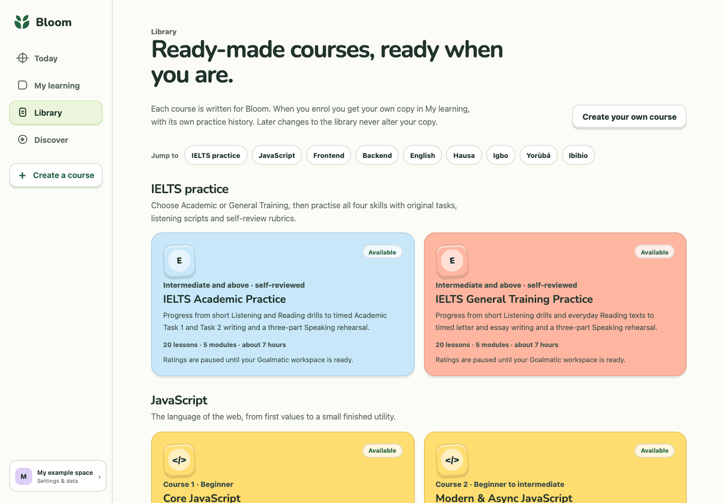 Example Bloom Library with IELTS Academic and General Training courses