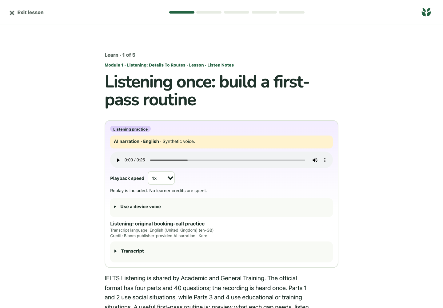 English listening lesson with included AI narration, playback speed controls and a transcript