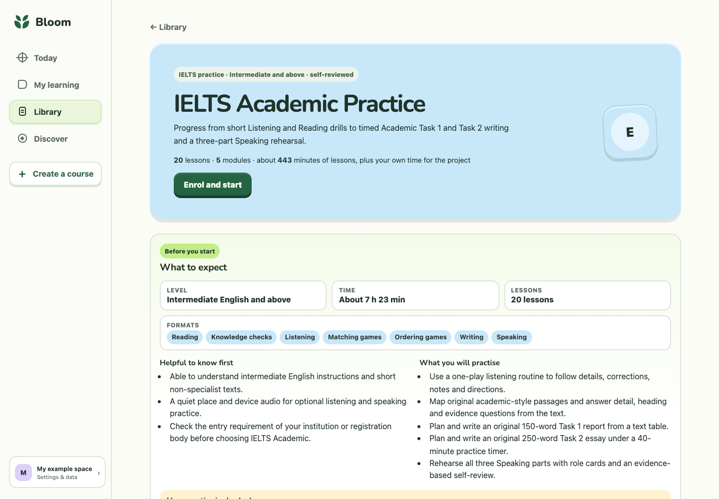 IELTS Academic course preview with level, formats and learning outcomes